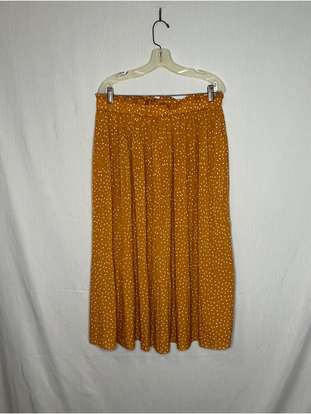 Mustard Polka Dot Pleated Midi Skirt Women’s Large XL Boho Elastic Waist